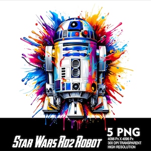 Puede incluir: Un dise&ntilde;o abstracto de salpicaduras de pintura colorido con un robot R2-D2 blanco y azul de Star Wars. El robot est&aacute; en el centro de la imagen con salpicaduras de pintura en tonos de azul, rojo, amarillo, verde y morado.
