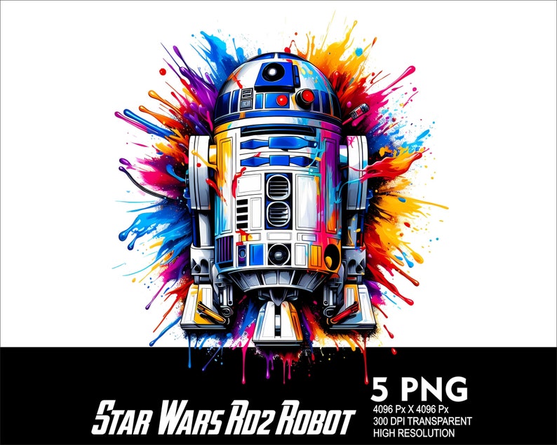 Puede incluir: Un dise&ntilde;o abstracto de salpicaduras de pintura colorido con un robot R2-D2 blanco y azul de Star Wars. El robot est&aacute; en el centro de la imagen con salpicaduras de pintura en tonos de azul, rojo, amarillo, verde y morado.