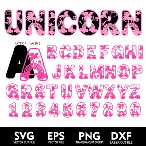 Alfabeto de unicórnio 3D Svg Girl Birthday Unicorn Layered Font Svg para corte a laser e Cricut Cut Svg Png Eps Ai Dxf