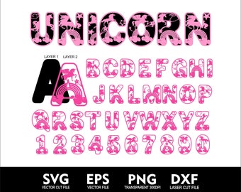 Puede incluir: Fuente de alfabeto y números de unicornio rosa con contorno negro. Las letras y los números están rellenos con un patrón de unicornios, arcoíris y nubes. Las palabras "LAYER 1" y "LAYER 2" están en la parte superior de la imagen. Las palabras "SVG", "EPS", "PNG" y "DXF" están en la parte inferior de la imagen.
