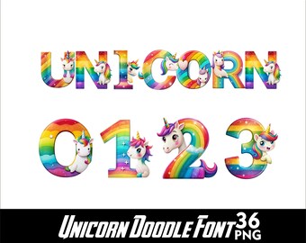 Puede incluir: Alfabeto y números de fuente de garabatos de unicornio arcoíris. Las letras deletrean "UNICORN" y los números son 0, 1, 2 y 3. Cada letra y número tiene una linda ilustración de unicornio.