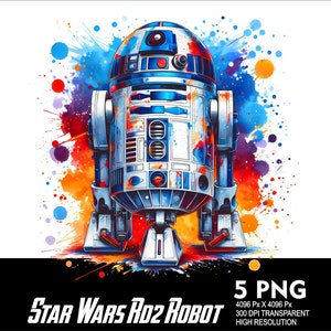Puede incluir: Una ilustraci&oacute;n acuarela colorida de R2-D2, un robot de la franquicia Star Wars. El robot es blanco y azul con acentos rojos y naranjas. El fondo es una salpicadura de acuarela azul, roja, naranja y amarilla.