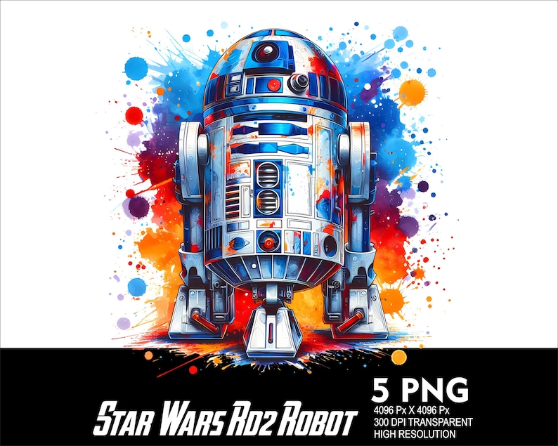 Puede incluir: Una ilustraci&oacute;n acuarela colorida de R2-D2, un robot de la franquicia Star Wars. El robot es blanco y azul con acentos rojos y naranjas. El fondo es una salpicadura de acuarela azul, roja, naranja y amarilla.