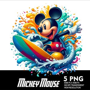 5 PNG Mickey Surfing Splash and Watercolor Transparent PNG file for Sublimation 300Dpi High Resolution PNG Download Files Mouse Summer