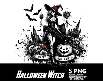 May include: A black and white illustration of a witch holding a glass of wine and a bouquet of flowers. She is standing in front of a gothic cathedral with bats flying around her. The text "Happy Halloween" is written on a banner below her.