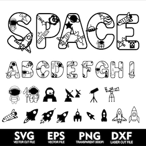 Alfabeto de espaço profundo SVG Boy Birthday Space Fonte Astronauta Alienígena Sistema solar em camadas para Cricut Cut Svg Png Eps Ai Corte a laser Dxf