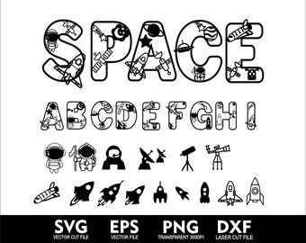 Deep Space alfabet SVG jongen verjaardag ruimte lettertype astronaut Alien zonnestelsel gelaagde voor Cricut gesneden Svg Png Eps Ai Lasergesneden Dxf