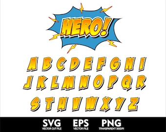 Alphabet bande dessinée héros et bulles Clipart SVG alphabet dessin animé pour Cricut Clipart comique alphabet comique lettre comique Svg Png Eps Doodle lettres