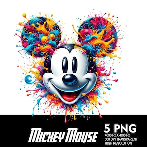 5 PNG Mickey Head Mouse Splash and Watercolor Transparent PNG file for Sublimation 300Dpi High Resolution Mouse Tshirt Tumpler Mug Design