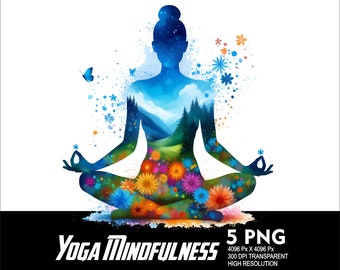 5 PNG Woman Yoga Meditation Art Mindfulness Design Splash Transparent Png file for Sublimation 300Dpi High Resolution Png Yoga Art V3
