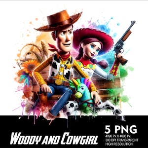 May include: Woody and Jessie from Toy Story, in 3D animated form, are depicted in a colorful watercolor style. Woody is wearing his signature cowboy hat and vest, while Jessie is holding a toy horse and wearing a red and white cowgirl outfit. The background features a watercolor effect with splashes of color.