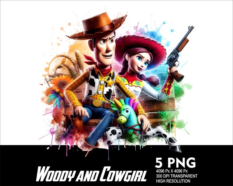 May include: Woody and Jessie from Toy Story, in 3D animated form, are depicted in a colorful watercolor style. Woody is wearing his signature cowboy hat and vest, while Jessie is holding a toy horse and wearing a red and white cowgirl outfit. The background features a watercolor effect with splashes of color.