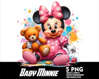 5 PNG Minnie Baby Mouse Girl Splash and Watercolor Transparent PNG file for Sublimation 300Dpi High Resolution PNG Minnie Baby Girl