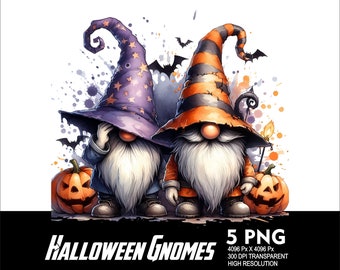 May include: Two Halloween gnomes, one wearing a purple and star-patterned hat and the other wearing an orange and black striped hat, holding jack-o'-lantern pumpkins.  The gnomes are standing on a black background with a white splattered paint effect.