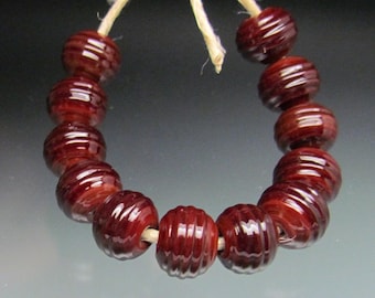 Handmade Glass Bead Leah Deeb Lampwork - 12 Rich Red Shiny Ribbed