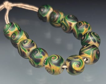 Handmade Glass Beads of Passion Lampwork - 12 Rich Forest Green Swirl Set
