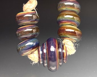 7pc Handmade Glass Beads - Shiny Deep Tie Dye Big Hole Baroque