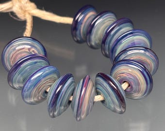 Artisan Glass Beads Leah Deeb Lampwork - 12 Ribbed Rich Tie Dye Discs
