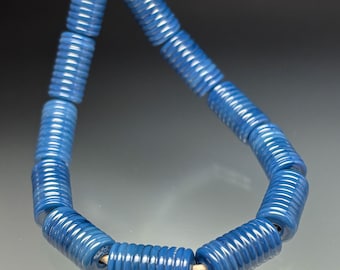 Handmade Glass Leah Beads - 12 Beautiful Aqua Marine Ribbed Barrels