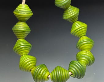 Handmade Glass Bead Leah Lampwork - 12 Spring Green Ribbed Bicones