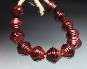 Handmade Glass Bead Leah Deeb Lampwork - 12 Rich Red Shiny Ribbed