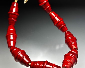 8 Shiny Rich Red Ringed Bicones - Leah Lampwork Glass Beads