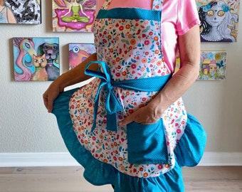 Blue Birds Full Apron For Women, Girls, Or Teens, Springtime Floral Apron With Teal Blue Ruffle And Pocket