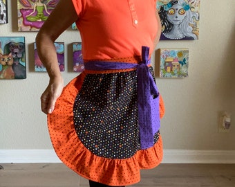 Orange, Purple & Black Halloween Half Apron For Women, Girls Or Teens, Apron With Ruffle And Pocket