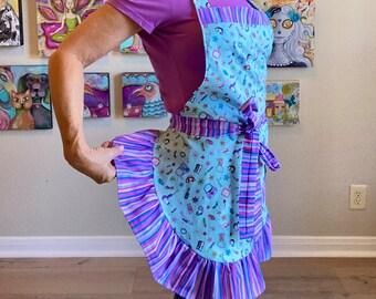 Glamour Girl, Hairstylist, Make-up Artist Full Apron For Girls, Women And Teens, Colorful Turquoise, Pink, & Purple Stripe Ruffle And Pocket