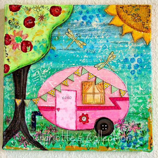 Pink Trailer Love Shack Original Mixed Media Collage Art 10 x 10 Canvas