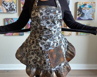 Black Magic Halloween Full Apron For Women, Girls Or Teens, Apron With Orange Spider Webs, Apron With Ruffle And Pocket