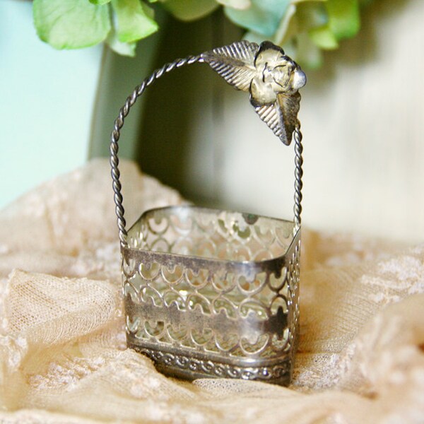 Small Silver Plated Metal Basket With Rose