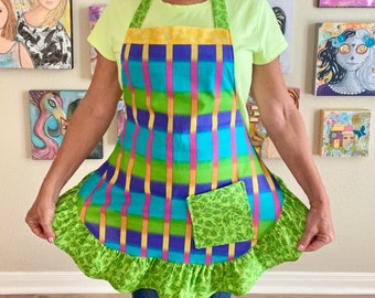 Vibrant Multi-color Full Apron For Women, Girls Or Teens, Rainbow Apron With Purple, Green, Yellow And Blue, Apron With Ruffle & Pocket