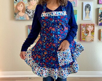 Blue Floral Pioneer Women Full Apron For Women, Girls, Or Teens, Apron With Ruffle & Pocket,