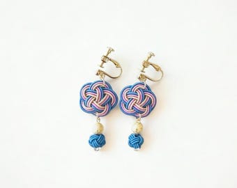 Blue and Pink Floral Mizuhiki Earrings – Handmade Japanese Knot Jewelry | Unique Symbolic Gift from Japan - light weight