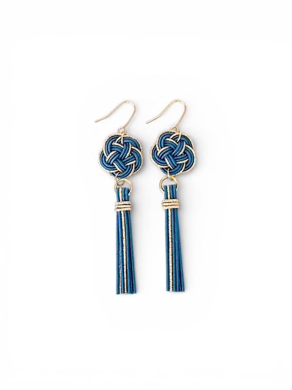 Blue Mizuhiki Tassel Earrings – Handmade Japanese Knot Jewelry | Elegant Gift for Her - light weight