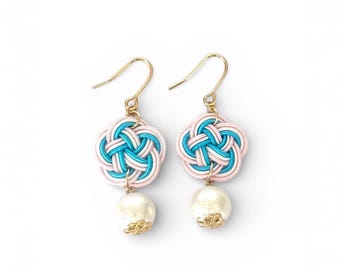 Mizuhiki Earrings – Handmade Japanese Knot Jewelry | Unique Symbolic Gift from Japan - light weight - cute blue and pink flower shape