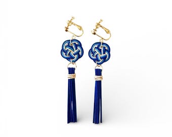 Best Seller | Elegant Navy Mizuhiki Tassel Earrings – Handmade Japanese Knot Jewelry | Elegant Gift for Her - light weight