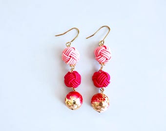 Red and Pink Mizuhiki Earrings – Handmade Japanese Knot Jewelry | Unique Symbolic Gift from Japan - light weight