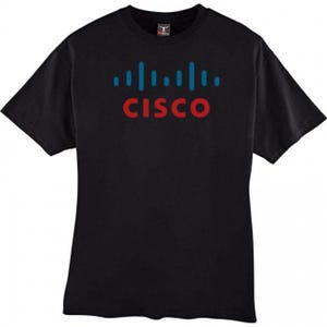 May include: A black short-sleeve t-shirt featuring the word CISCO in red capital letters centered on the chest, positioned below a graphic of nine vertical blue bars of varying heights that represent a bridge or signal icon.