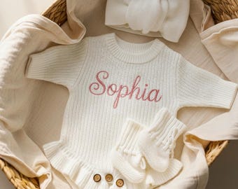 Personalized Knit Baby Romper Set, Embroidered Name Outfit