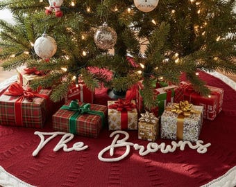 Personalized Christmas Tree Skirt, Red Knit, Cable-Knit Border