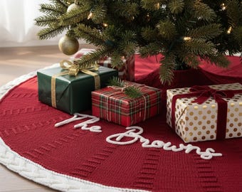 Falda para árbol de Navidad personalizada con nombre de familia/punto rojo de 36" o 48"/decoración navideña personalizada