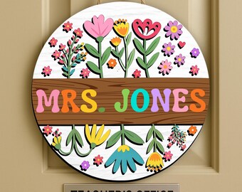 Personalized 3D Wooden Teacher Sign: Floral Classroom Door Hanger
