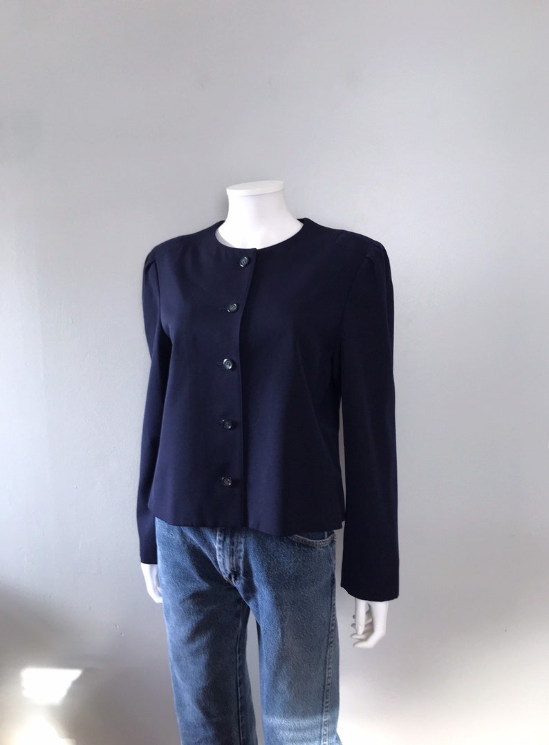 Navy Blue Blazer Boxy Cropped Jacket Minimalist Structured Shoulder Blazer