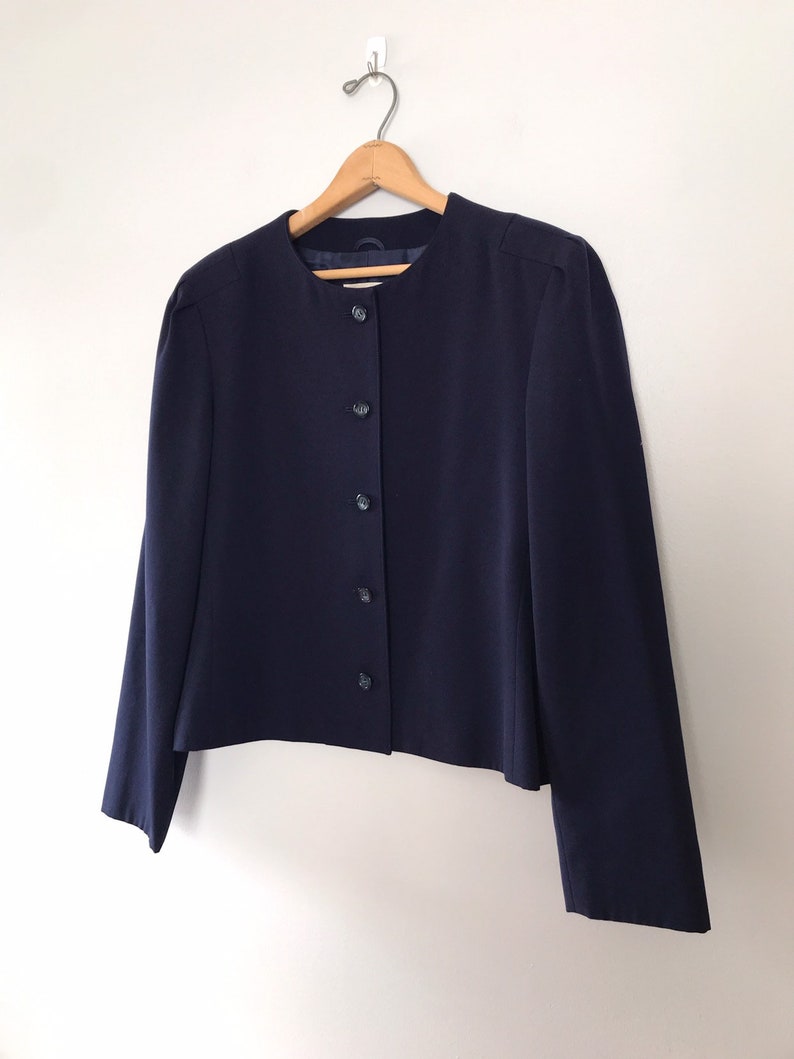 Navy Blue Blazer Boxy Cropped Jacket Minimalist Structured Shoulder Blazer
