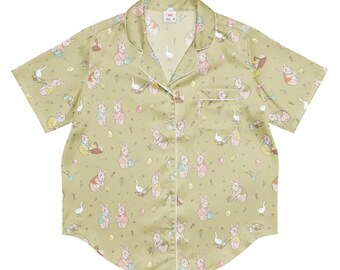 Pijama de manga corta para mujer, color verde, con estampado integral de conejo de Pascua