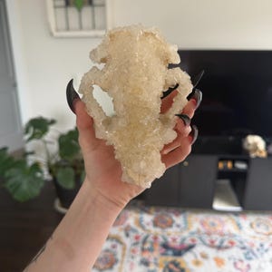 Può includere: Un gruppo di cristalli giallo chiaro, tenuto in mano, con una forma complessa e irregolare. I cristalli hanno una superficie ruvida e strutturata. Lo sfondo include una finestra, una televisione e un tappeto fantasia. Tema: cristalli naturali.