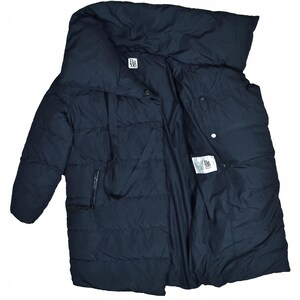 May include: A dark navy blue puffer jacket with a high collar and a quilted design. The jacket has a zipper closure, a pocket, and a label with text. The jacket is open, revealing the interior lining.