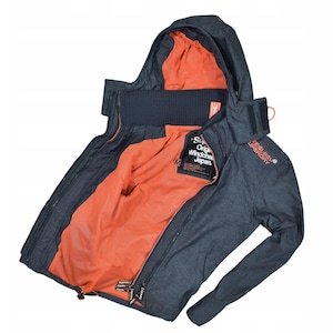 May include: A dark gray hooded jacket with an orange interior. The jacket has a full zipper, a high collar, and the text "Superdry" in orange on the sleeve. The jacket is designed for wind and weather protection.